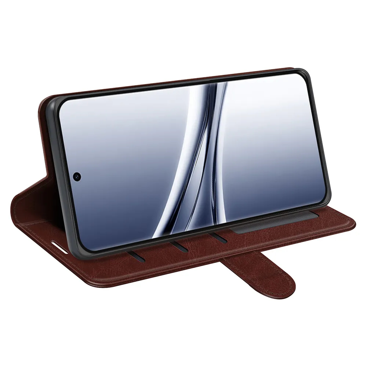 Un étui de téléphone marron avec un smartphone posé, affichant un fond abstrait.