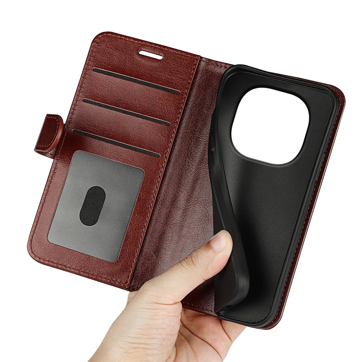 Étui portefeuille en cuir marron pour téléphone avec fentes pour cartes.