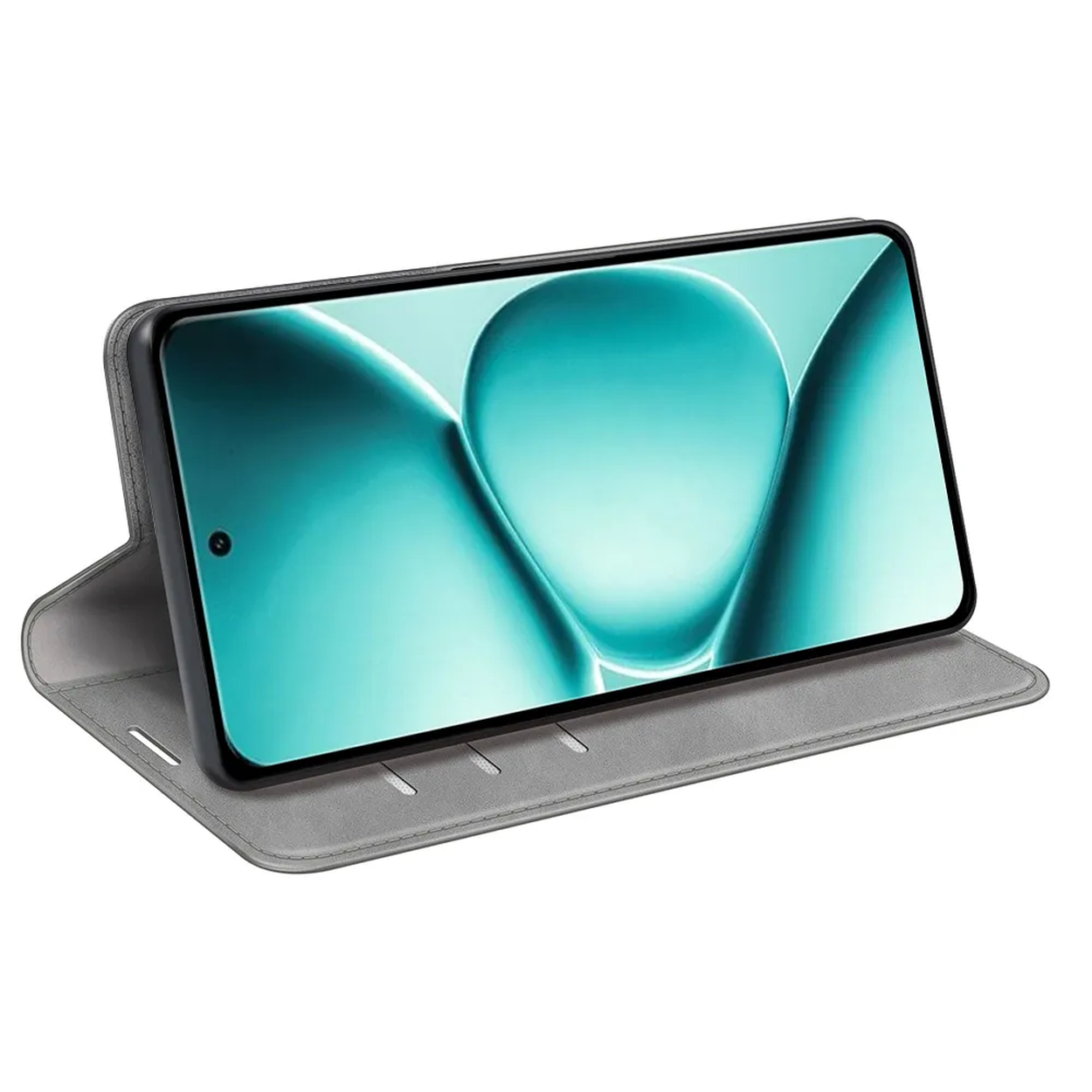 Een grijze smartphone in een open hoes met een blauwe achtergrond.