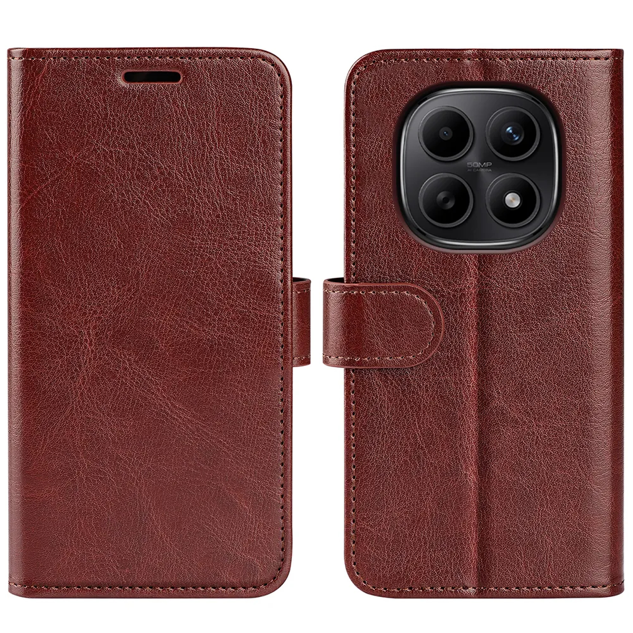 Étui de téléphone en cuir marron avec module caméra et fermeture à sangle.