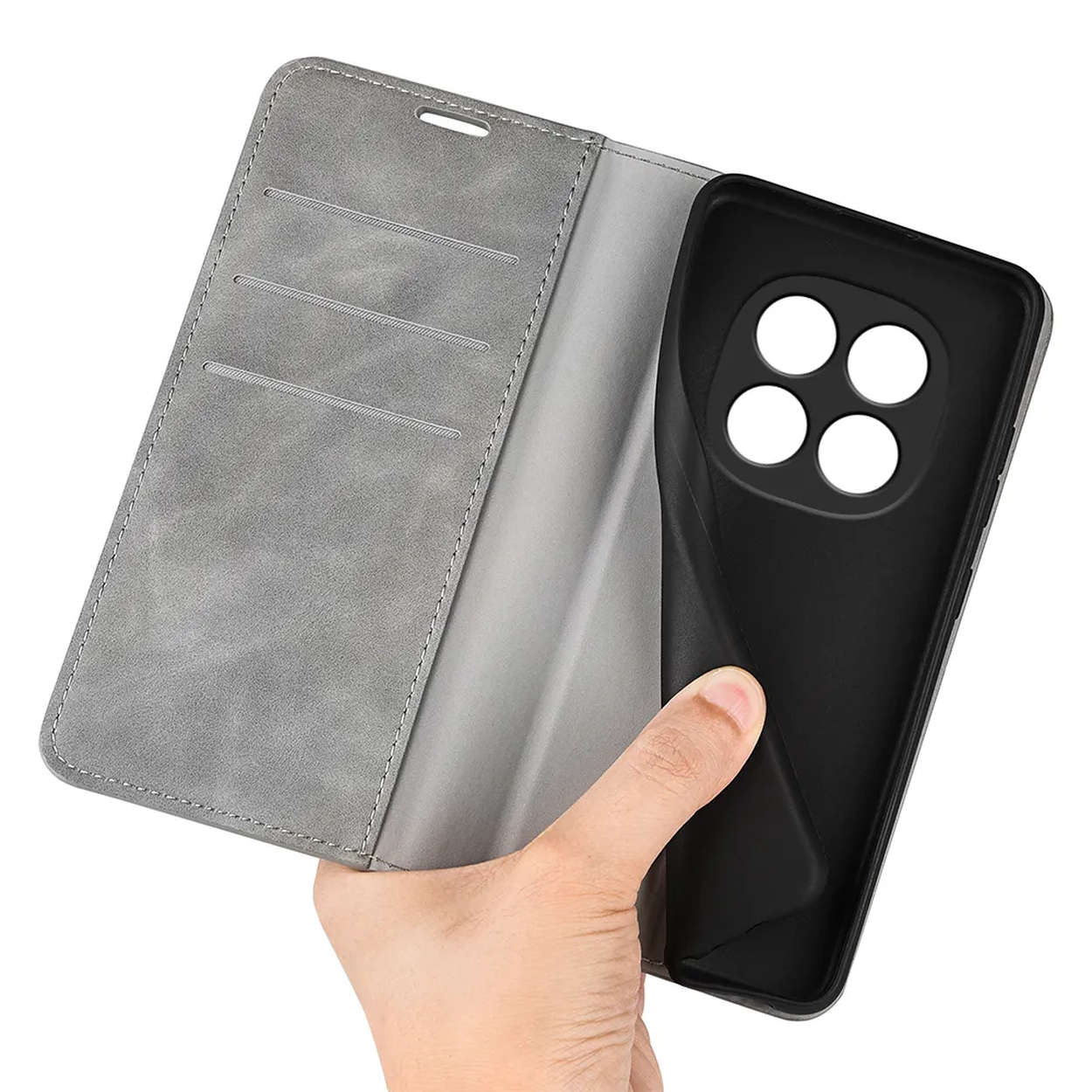Grijze flip telefoonhoes met kaarthouders en zwarte achterkant voor camera.