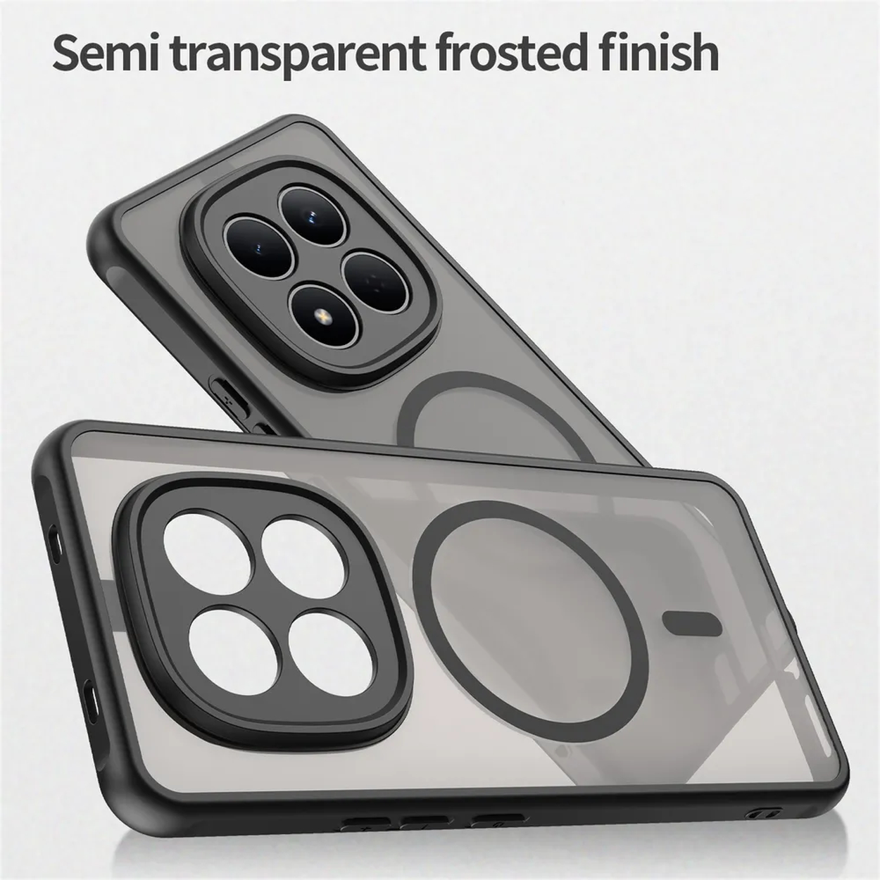 Twee semi-transparante, rokerige grijze telefoonhoesjes met zwarte frames en camera-uitsparingen.
