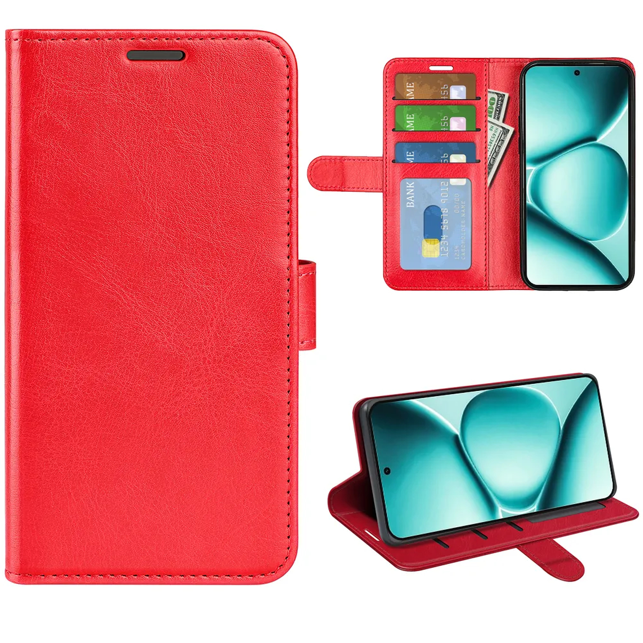 Rood leren telefoonhoesje met kaarthouders en geldvak open.