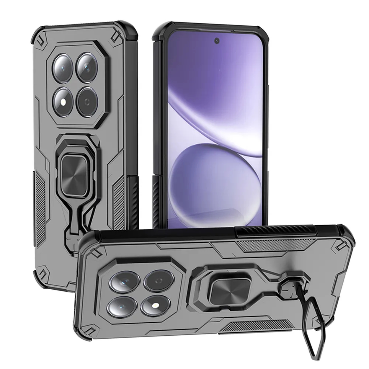 Grijze telefoonhoesjes met camera's en ringhouder, één met telefoon.