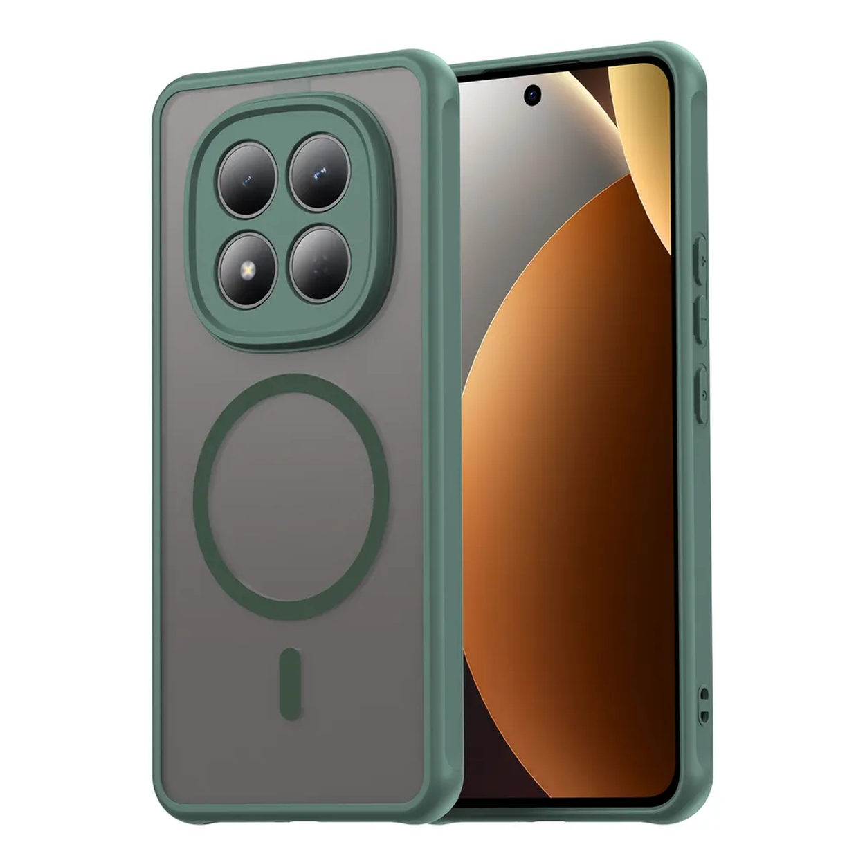 Groene telefoonhoes met vier camera's en magneetring op transparante achtergrond.