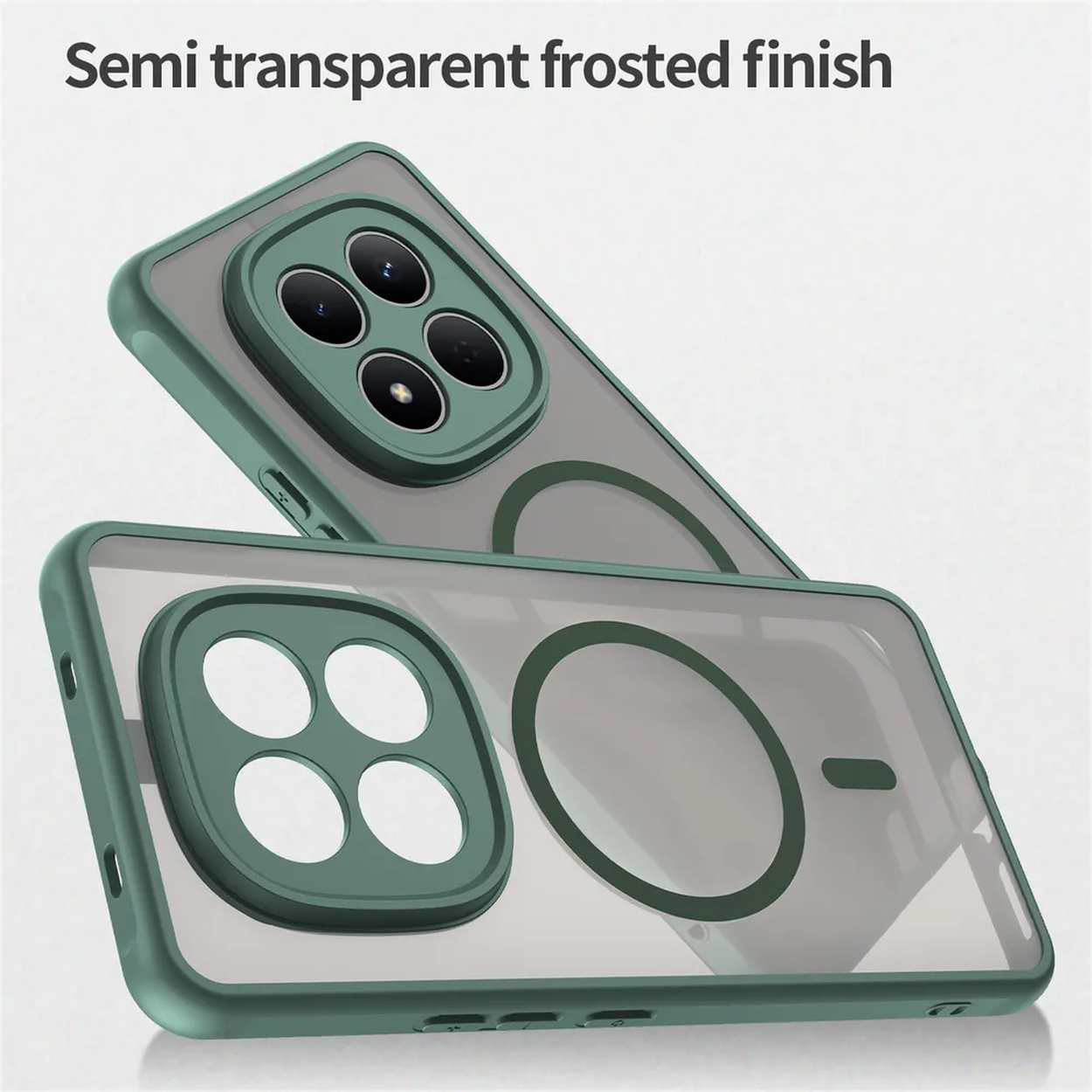 Twee groene, semi-transparante, matglazen telefoonhoesjes met camera-uitsparingen.