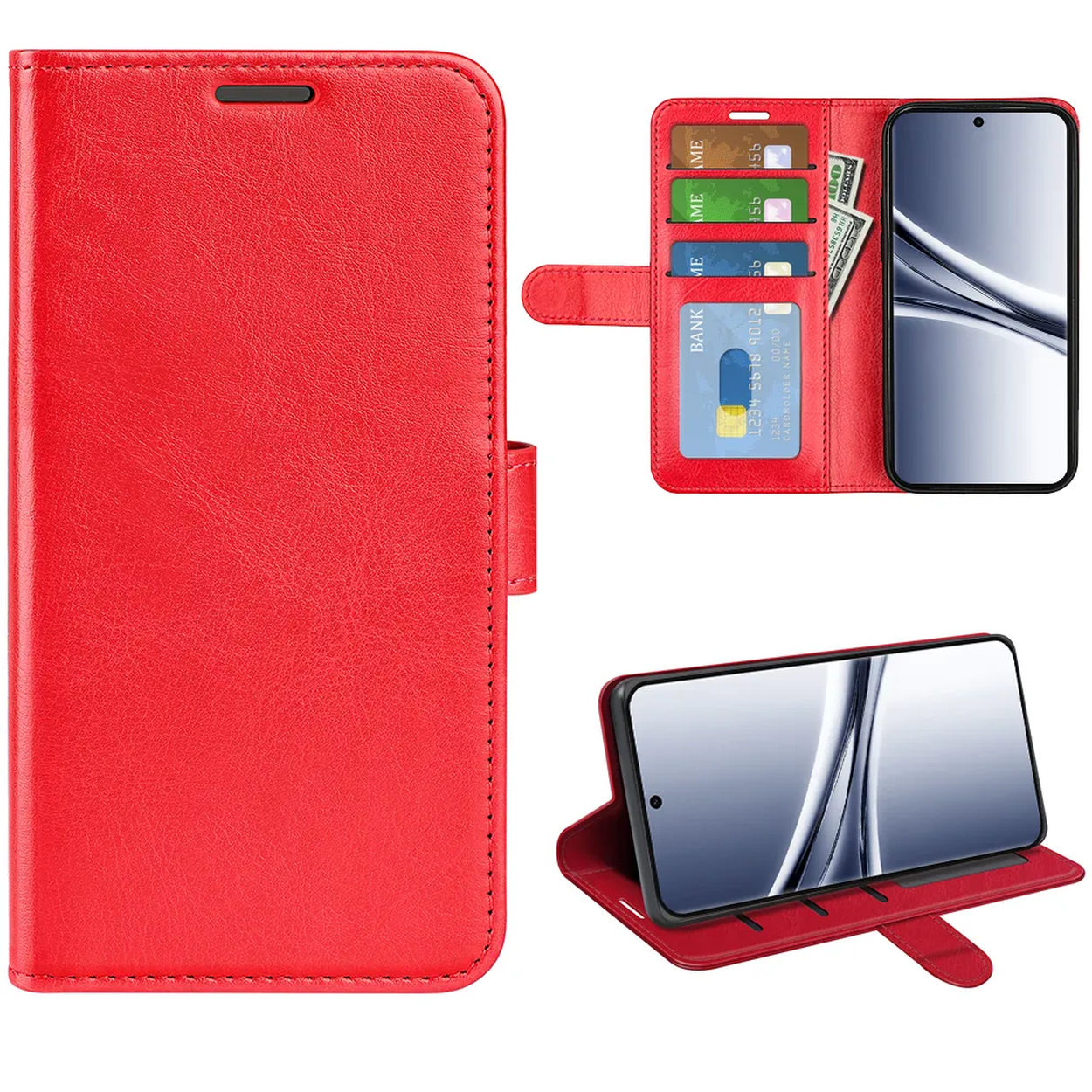 Étui rouge pour téléphone avec fentes pour cartes et téléphone posé.