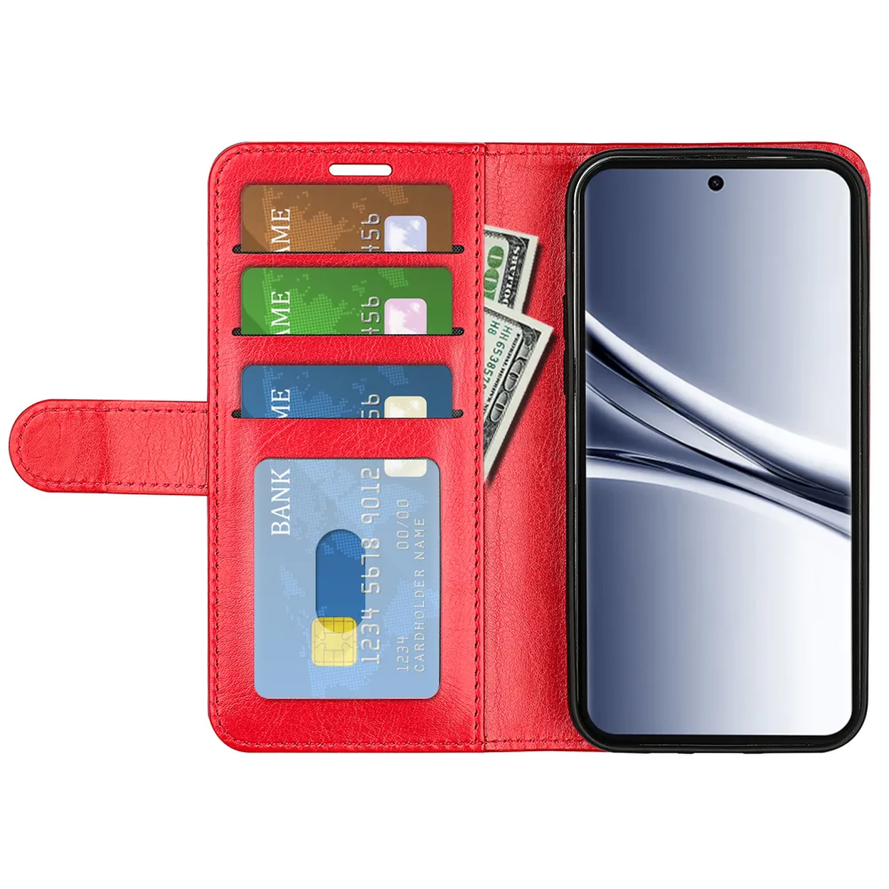 Étui portefeuille rouge avec téléphone, cartes et argent.