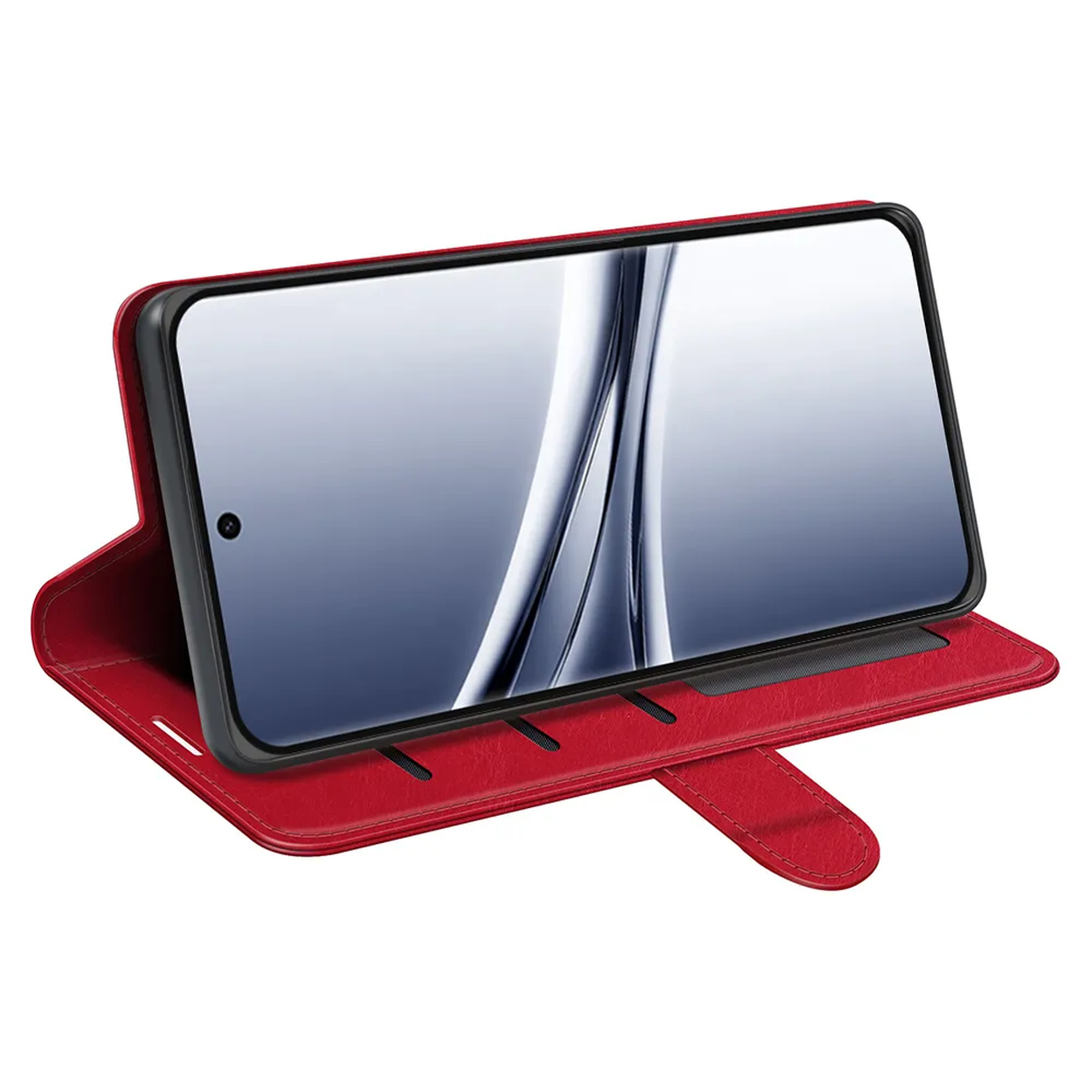 Un étui portefeuille en cuir rouge contient un smartphone dont l'écran affiche des lignes argentées.