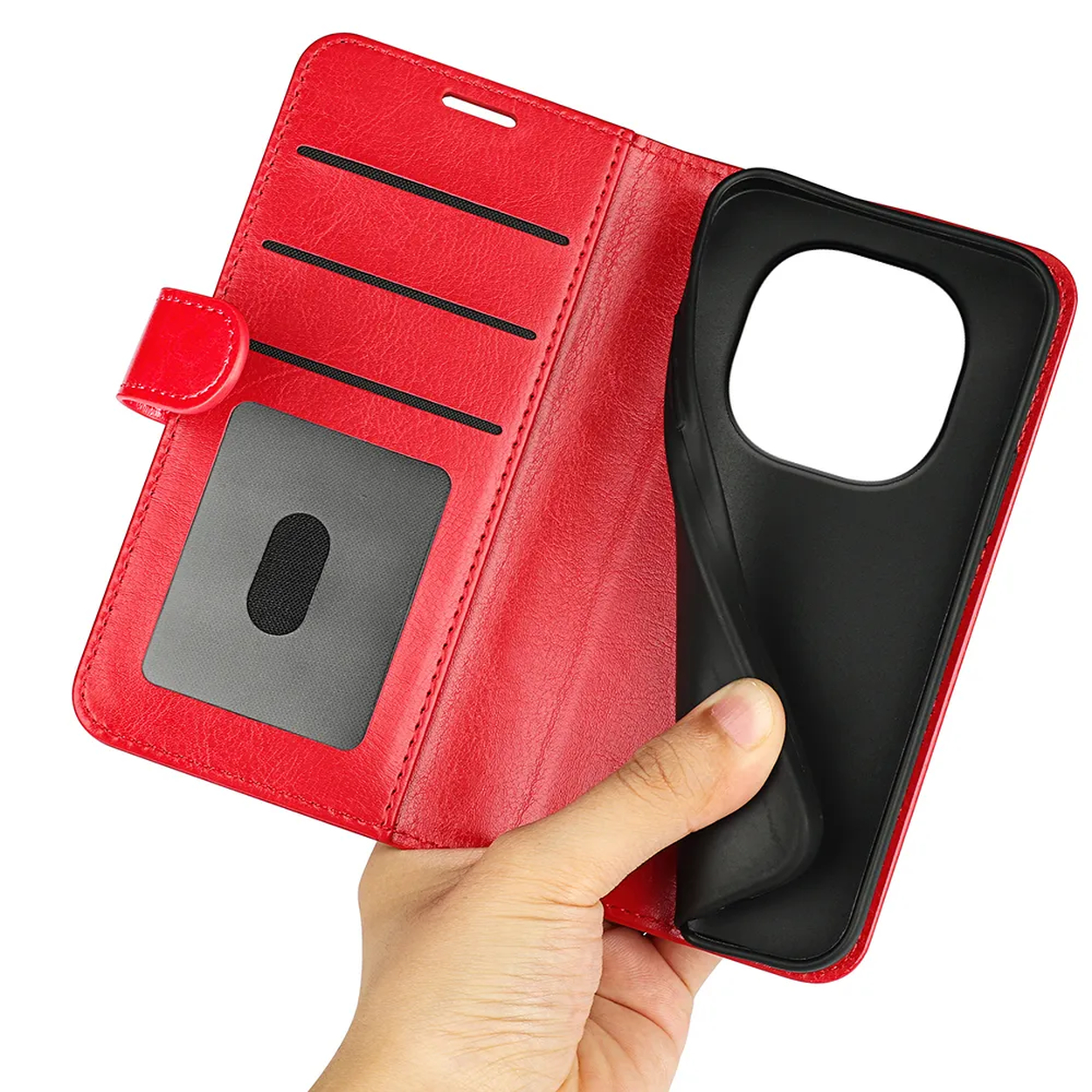 Étui en cuir rouge pour téléphone, ouvert, avec fentes pour cartes et support.