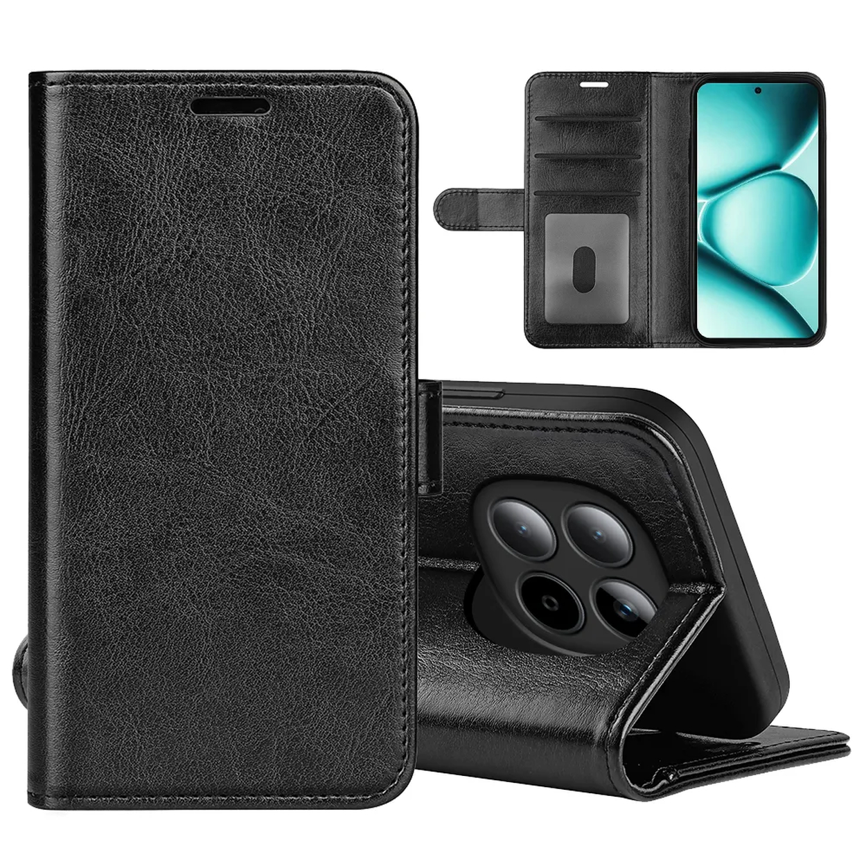 Étui de téléphone en cuir noir avec fentes pour cartes et écran ouvert.
