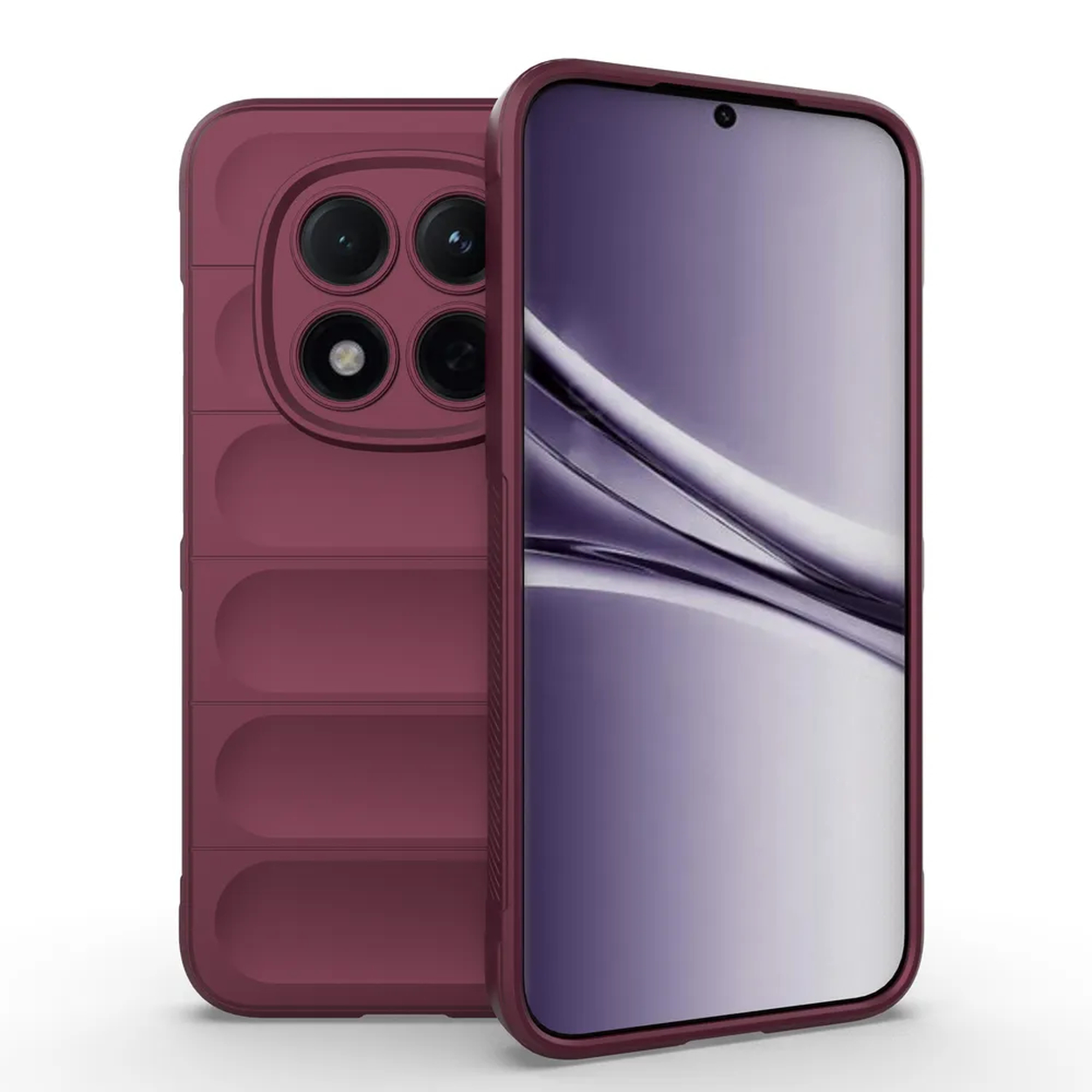 Un smartphone bordeaux avec quatre caméras arrière et un écran.