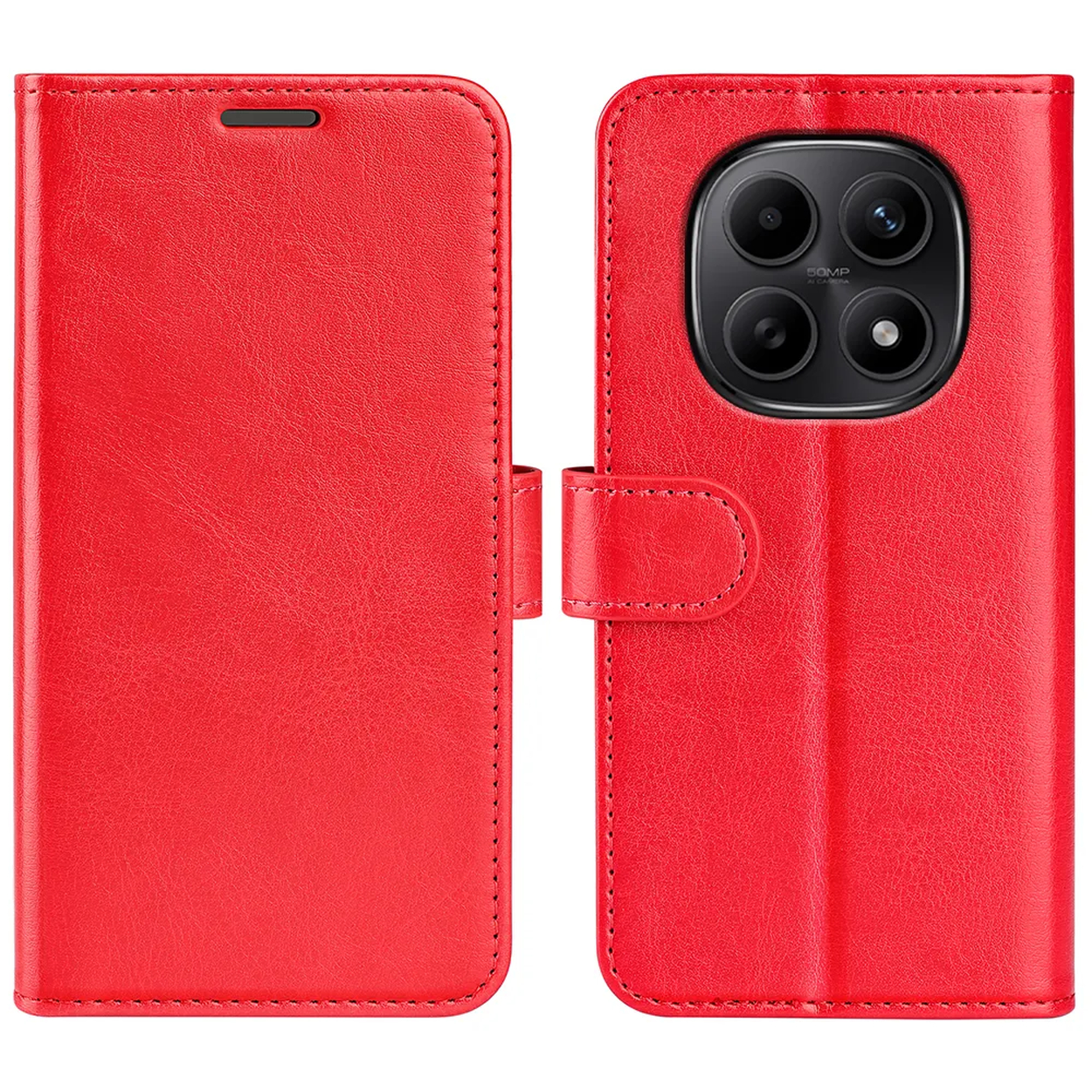Étui en cuir rouge pour téléphone avec quadruple caméra.