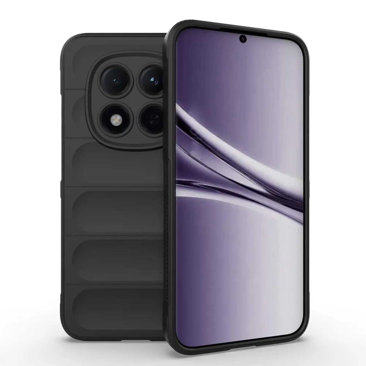 Smartphone noir avec quadruple caméra arrière et dos texturé.