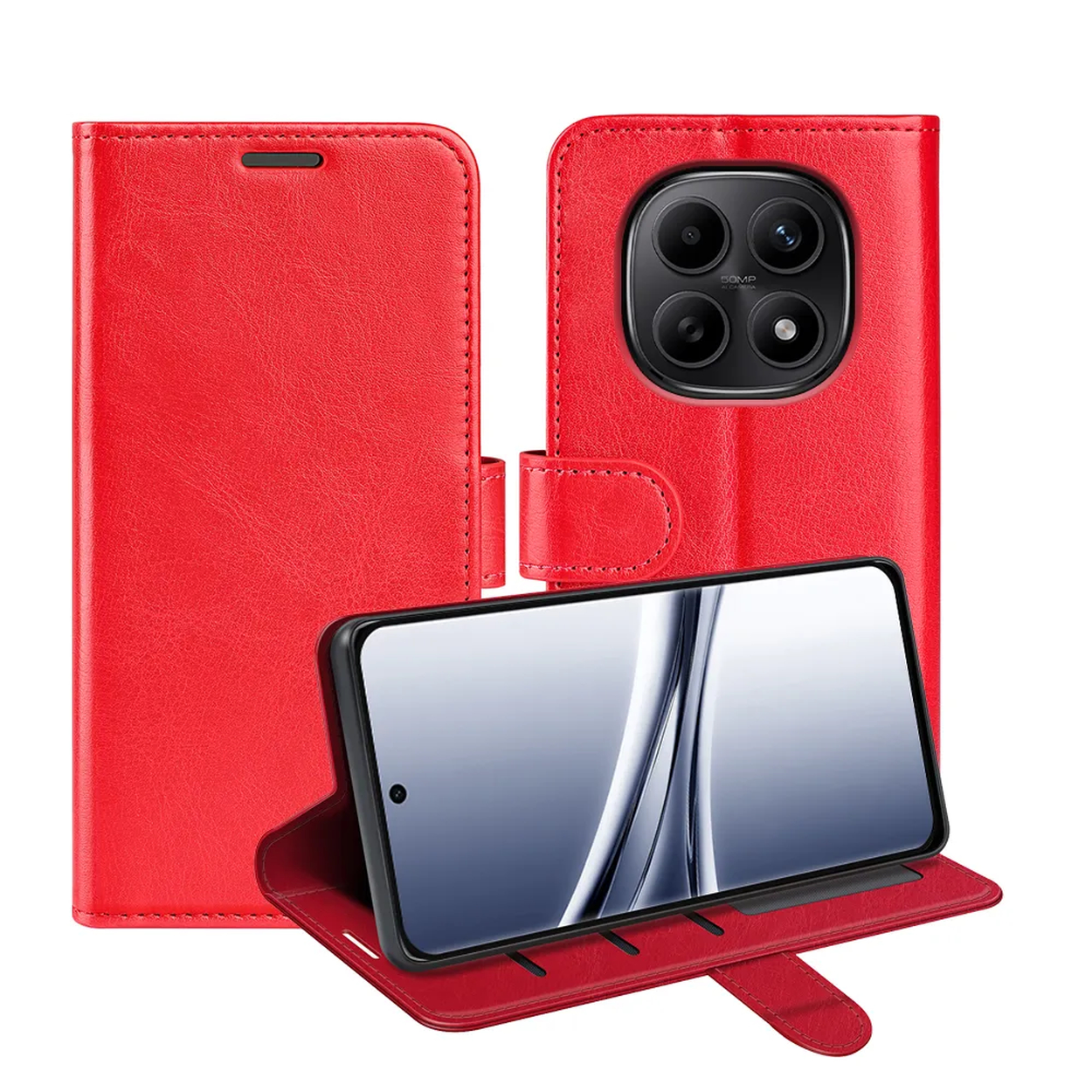 Étui de téléphone rouge en design flip ouvert, montrant caméra et écran.