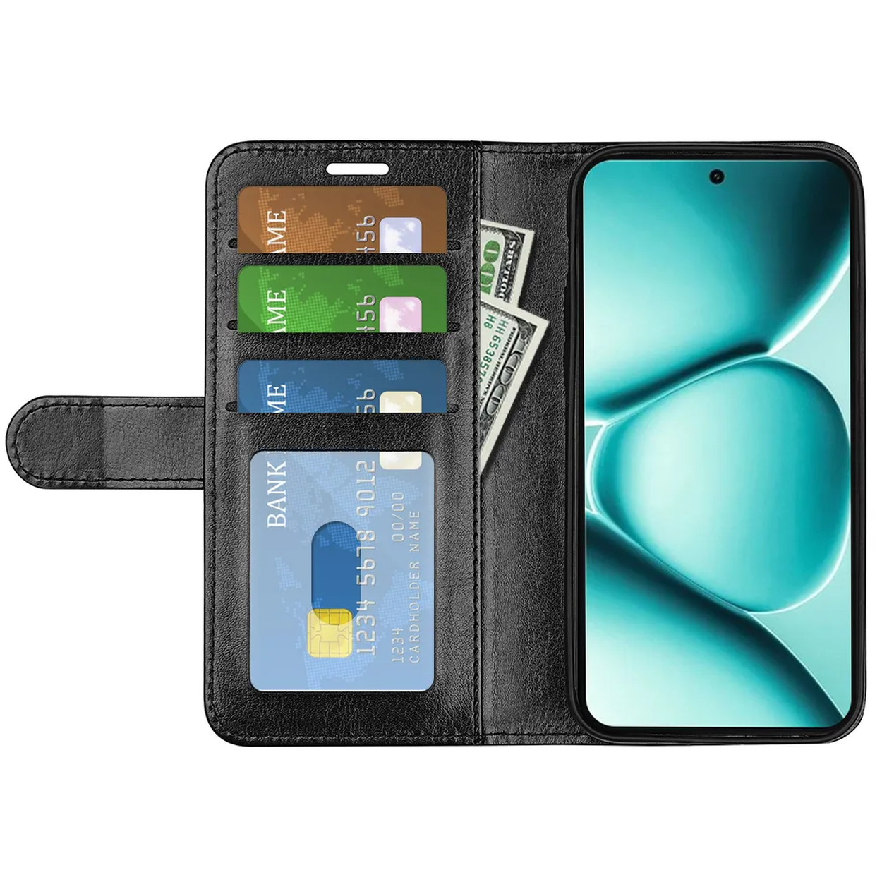 Étui à rabat noir pour téléphone avec fentes pour cartes, carte bancaire et billets.