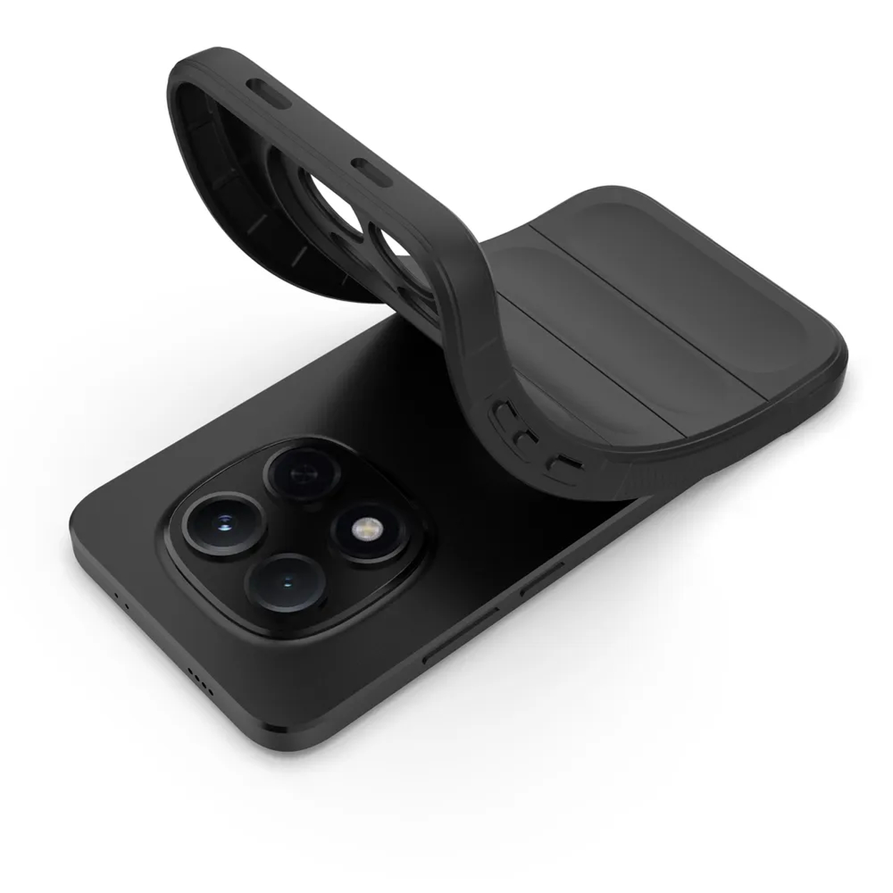Une coque de téléphone noire est montrée, dont le bord supérieur est décollé pour révéler des nervures intérieures.