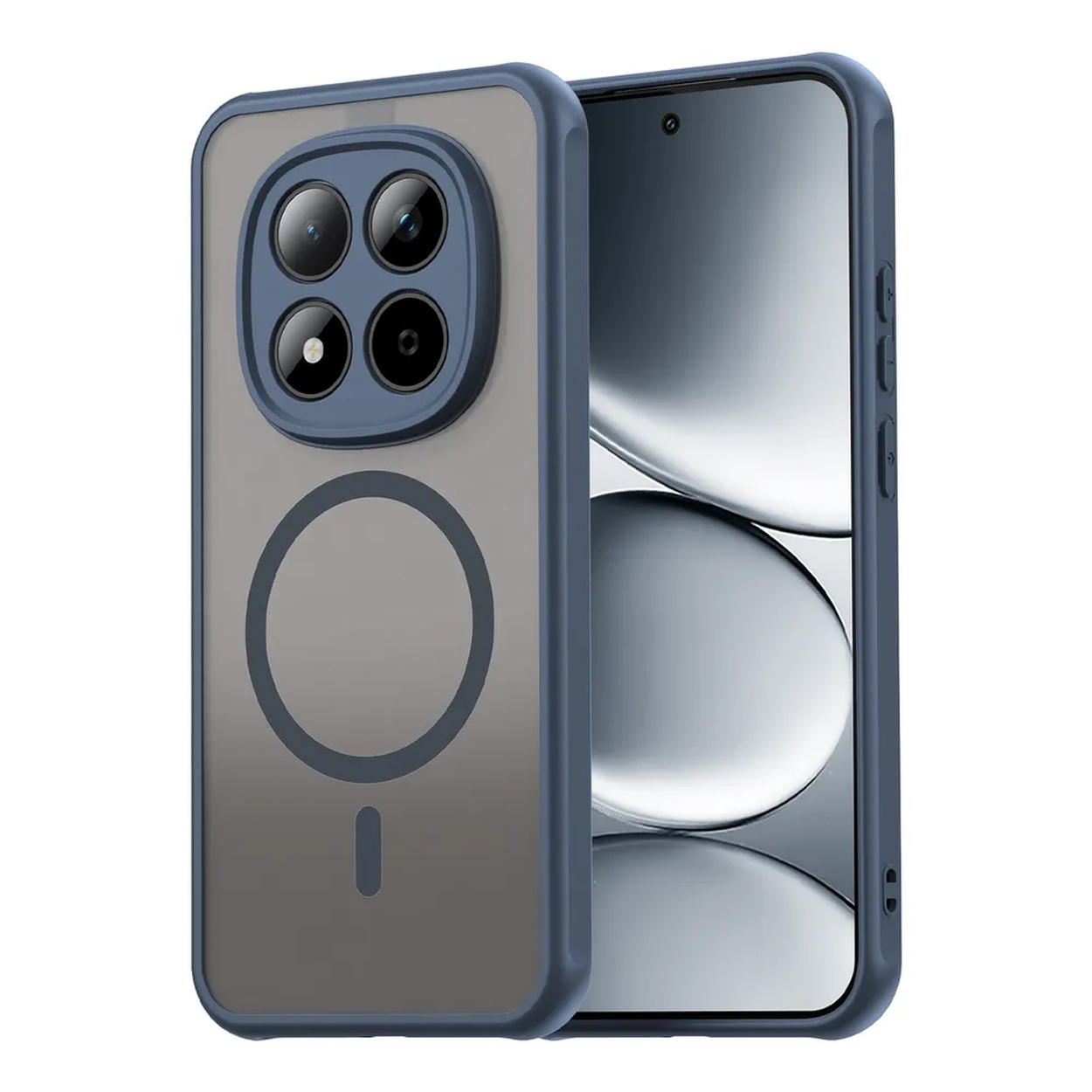 Telefoon met blauwe rand, vier camera's en magneetring.