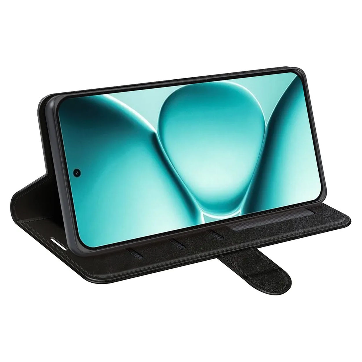 Un étui de téléphone à clapet noir avec un fond abstrait bleu sarcelle.