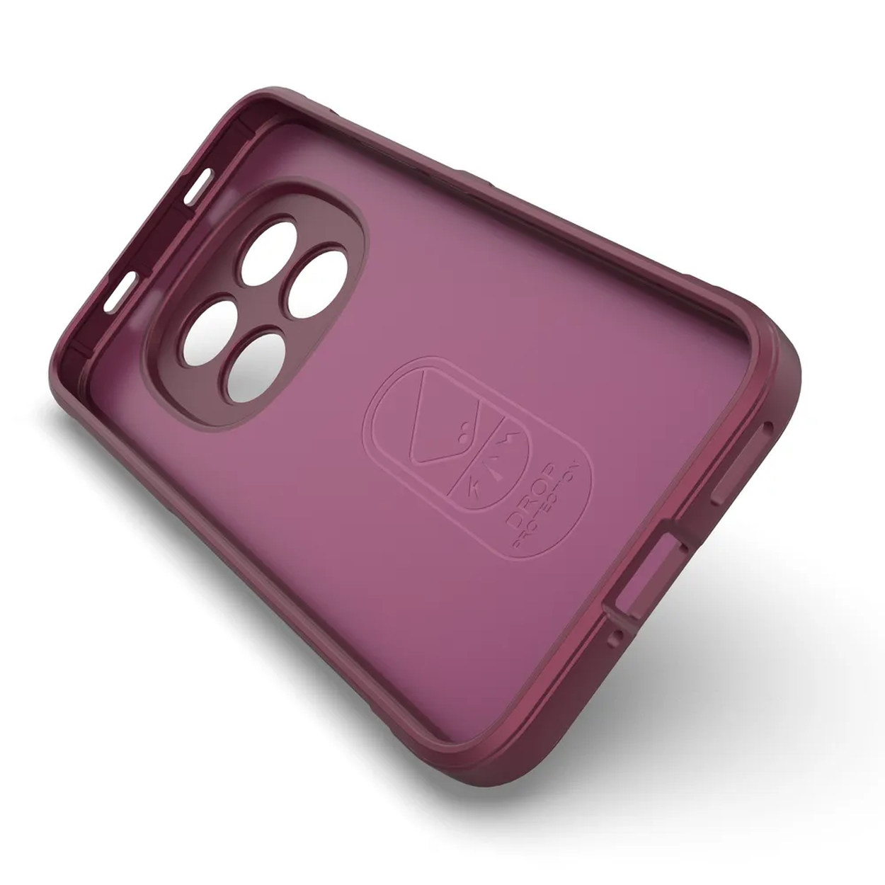 Coque de téléphone violette avec découpes caméra et logo.