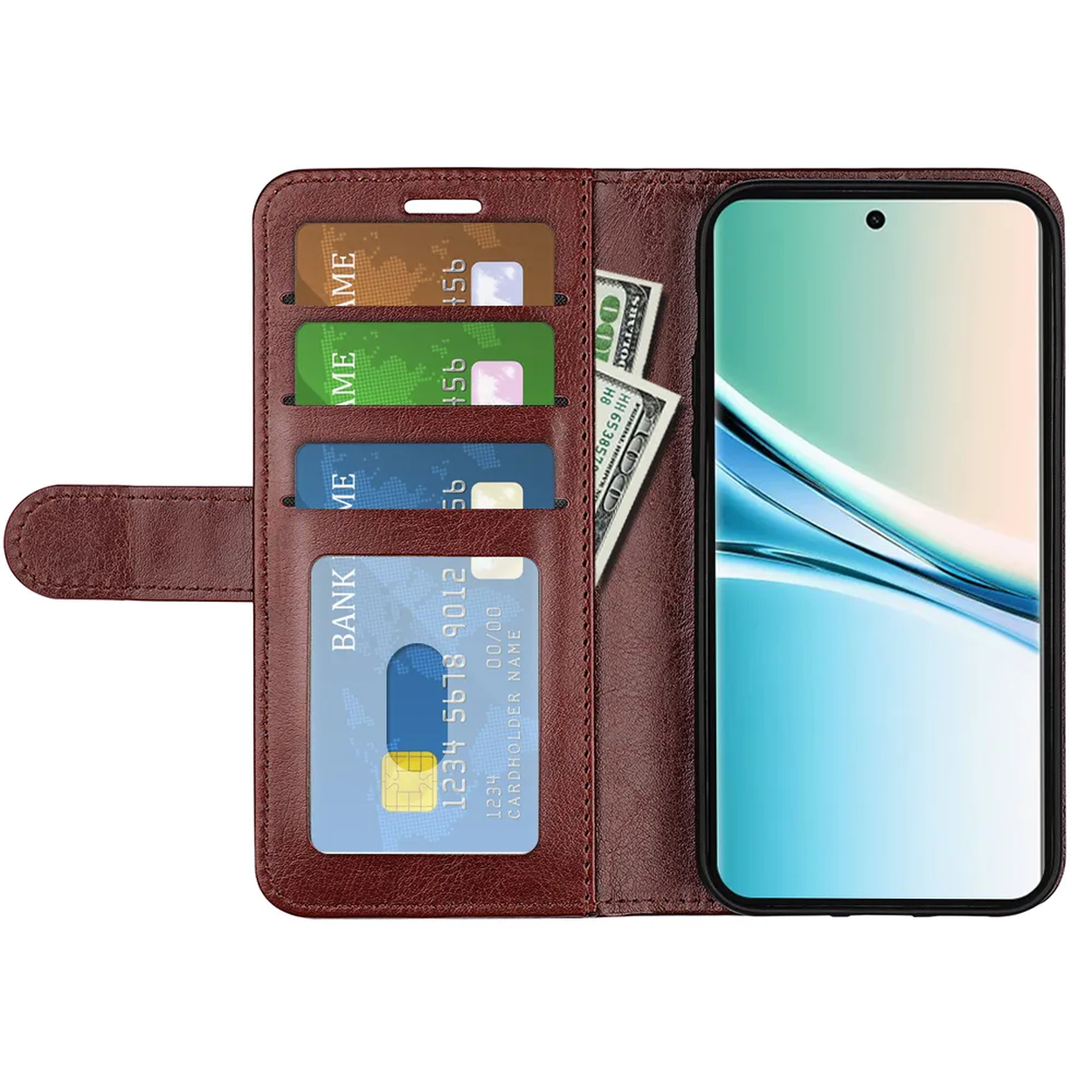 Bruine leren portemonfee met kaartsleuven en contant geld, naast een smartphone.