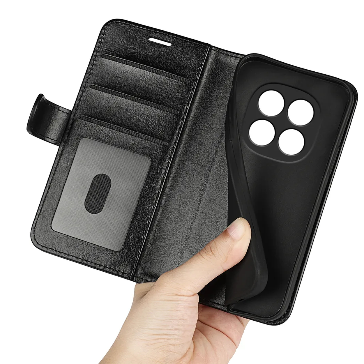 Étui portefeuille noir pour téléphone avec fentes et fenêtre.