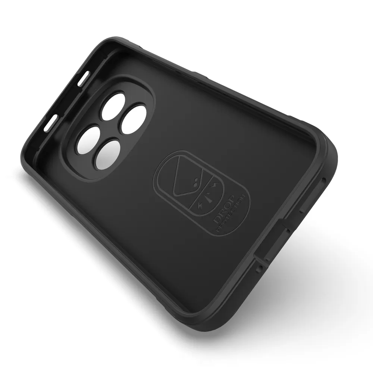Coque de téléphone noire avec découpes pour appareil photo et ports.