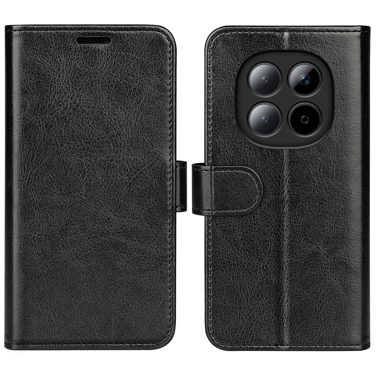 Étui portefeuille noir en cuir pour téléphone avec quatre objectifs photo.