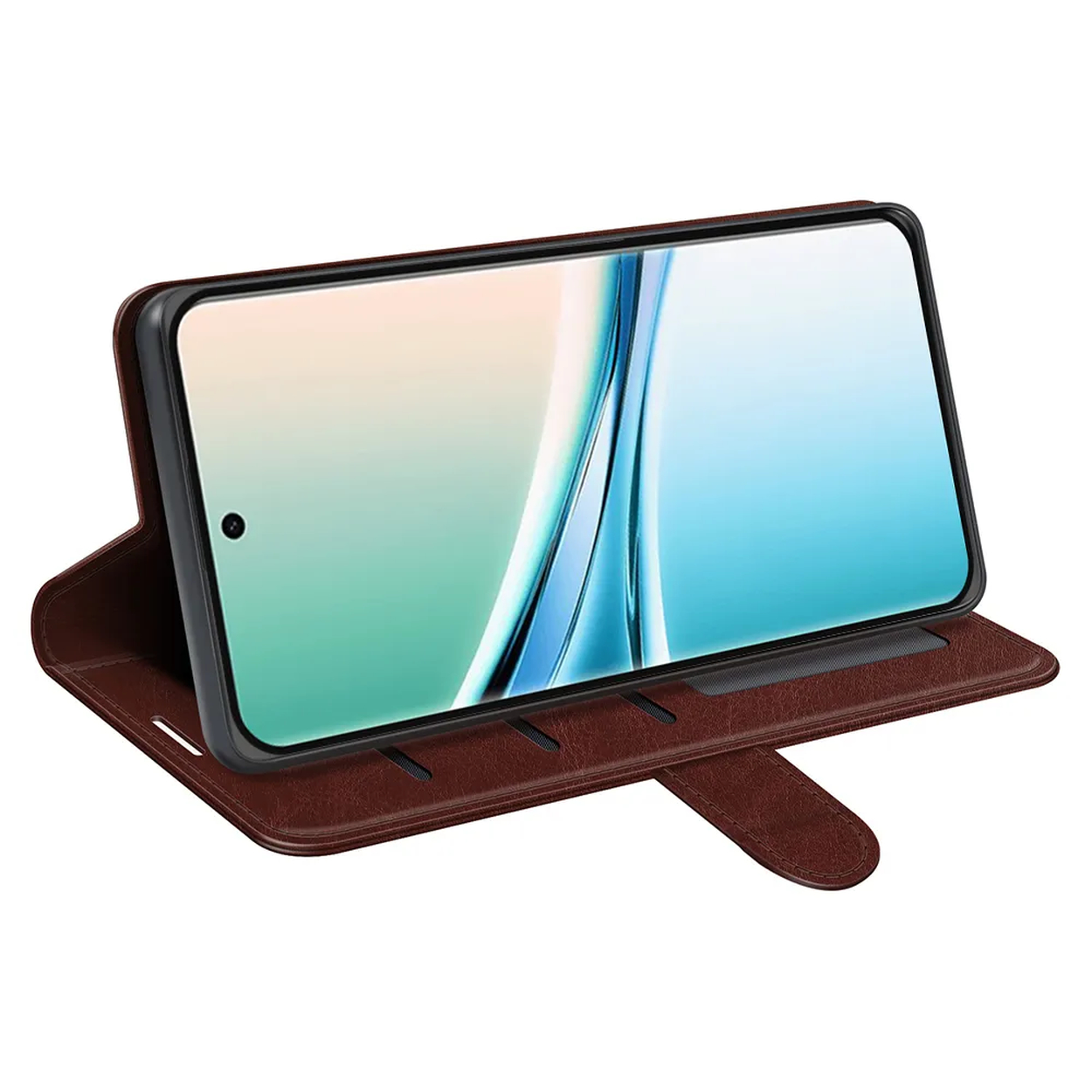 Een bruine lederen hoes met een smartphone rechtop.