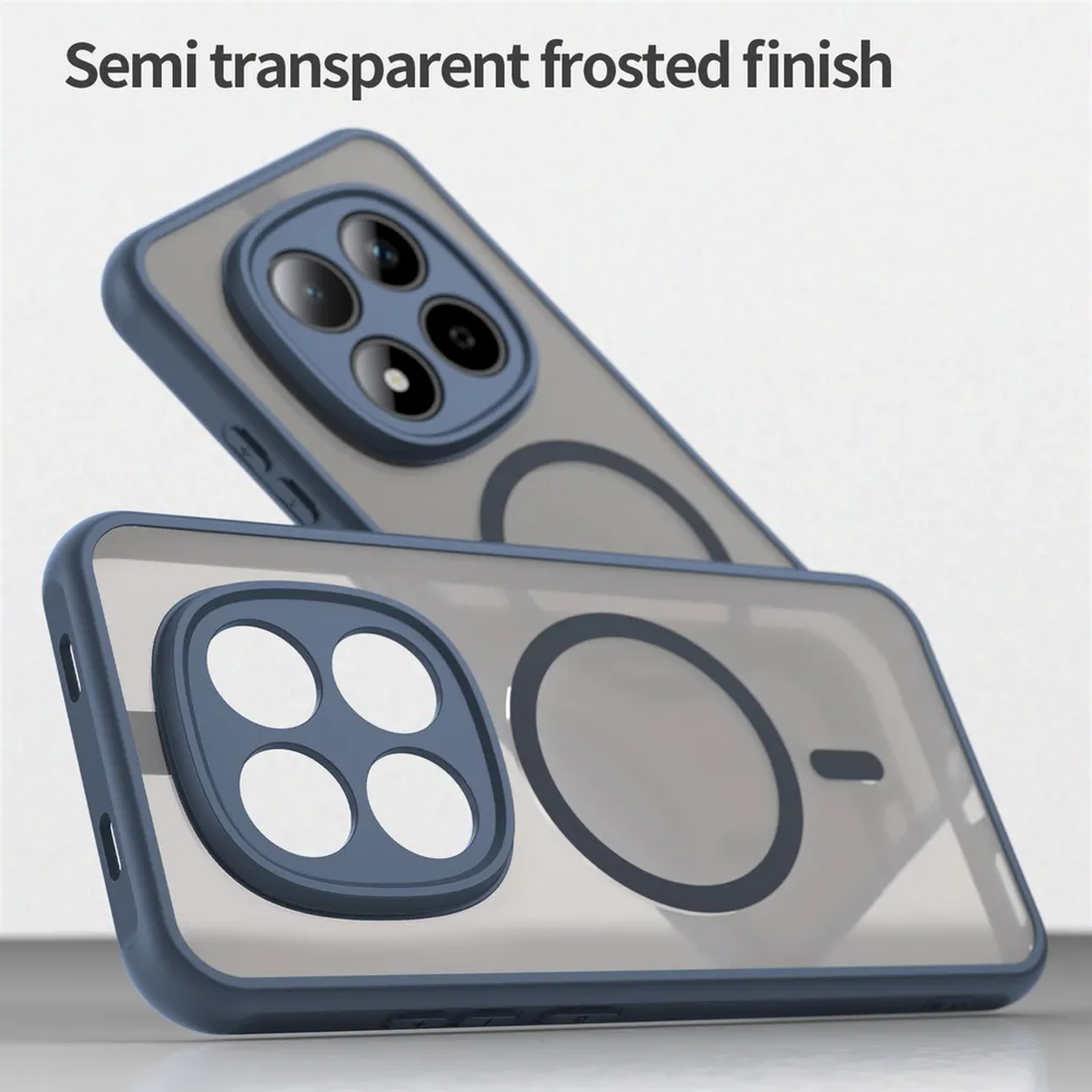 Twee semitransparante telefoonhoesjes in donkerblauw met camera-uitsparingen.