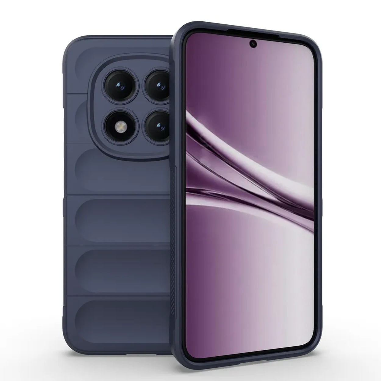 Donkerblauwe smartphone met vier camera's en een geribbelde achterkant.