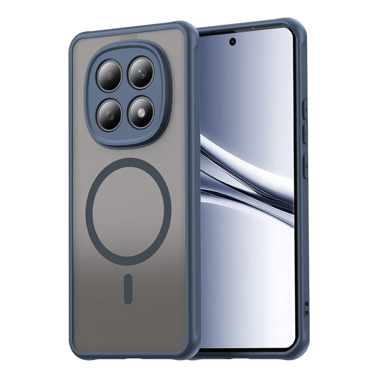 Een blauwe telefoonhoes met vier camera's en MagSafe-cirkel. Op witte achtergrond.