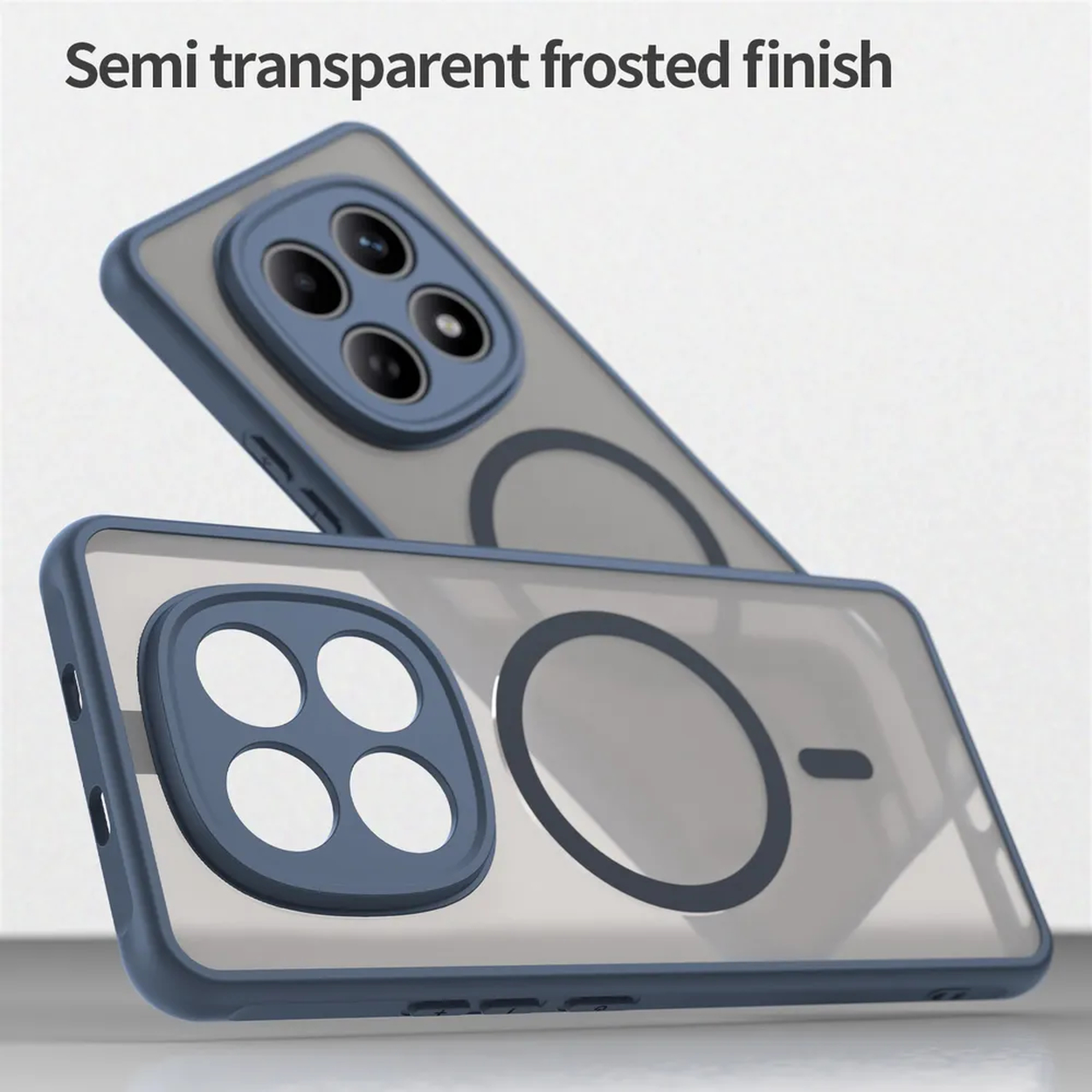 Twee semi-transparante telefoonhoesjes met blauwe randen en camera-uitsparingen.
