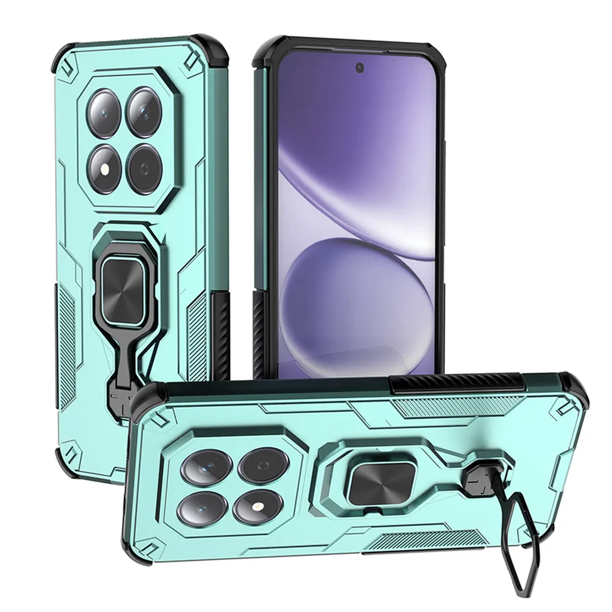 Un ensemble de coque de téléphone bleu sarcelle avec support anneau et quatre objectifs.