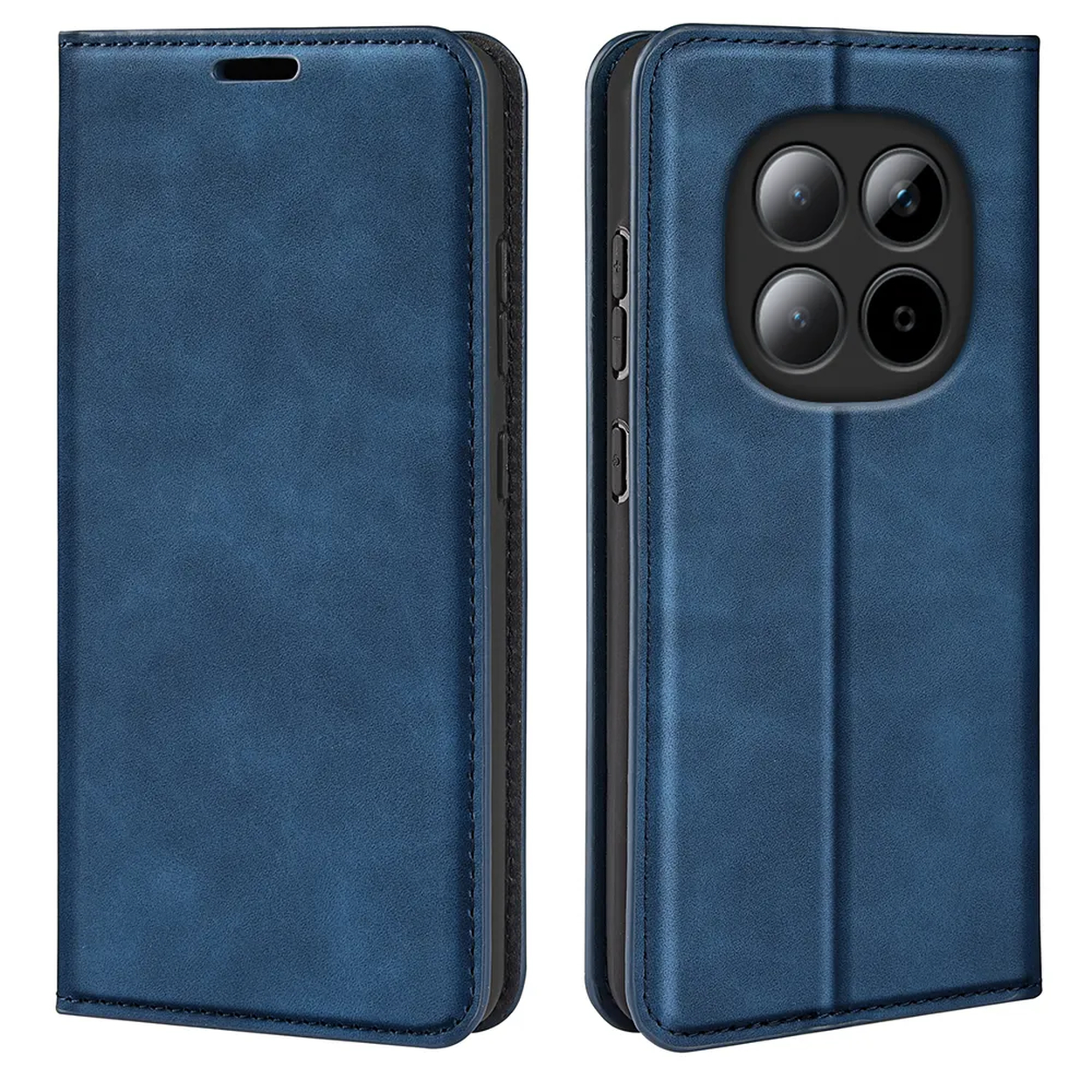 Blauw leren flip telefoonhoesje met camera-uitsparing.