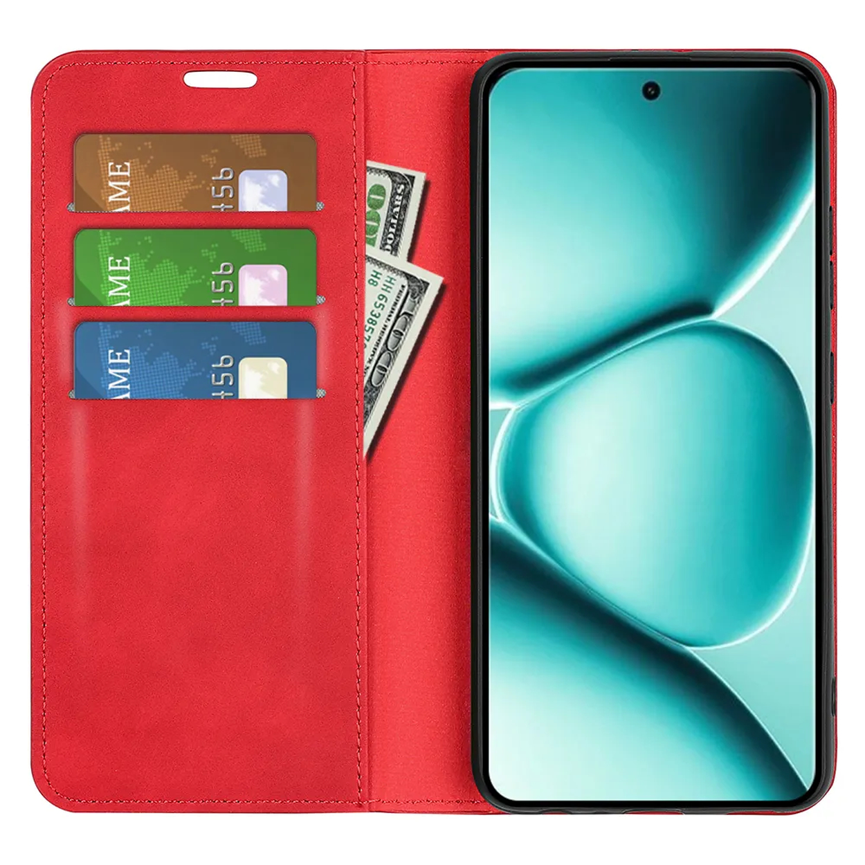 Rode telefoonhoes met drie kaartsleuven en bankbiljetten.