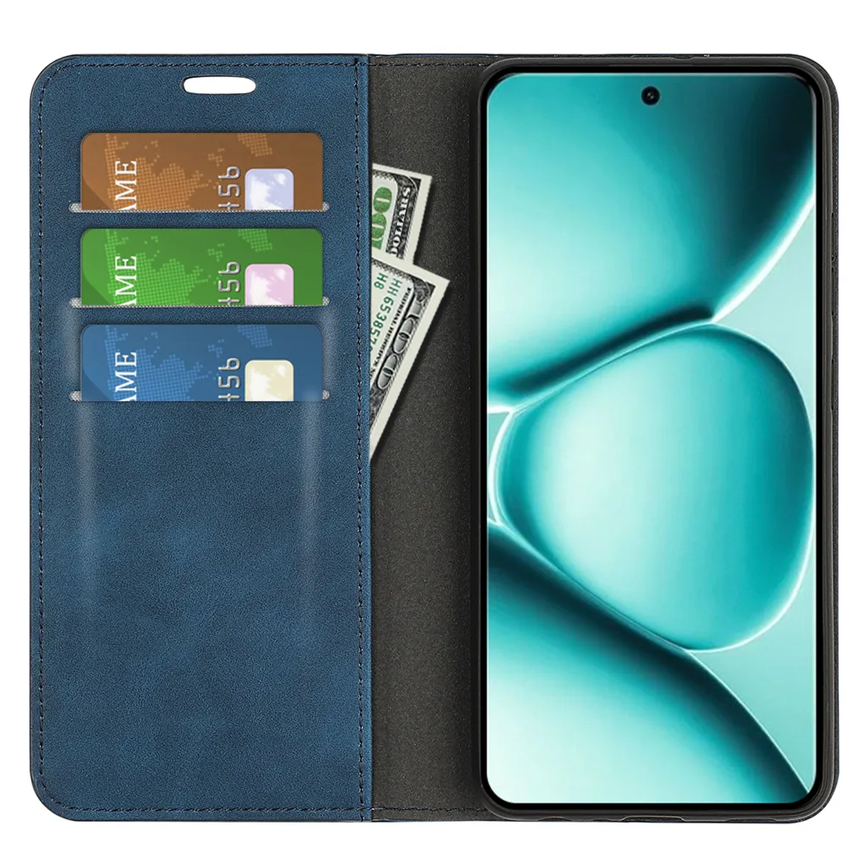 Blauw portemonfeehoesje met drie kaartsleuven en bankbiljetten, naast een smartphone.
