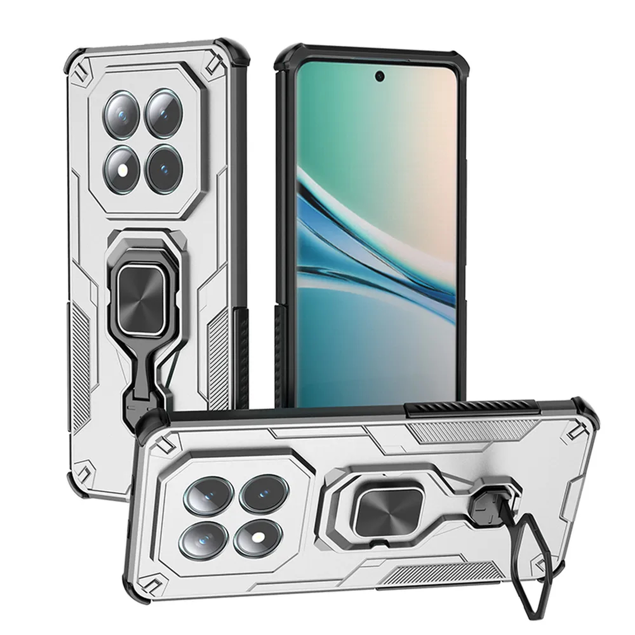 A white phone case featuring four cameras and a ring holder.