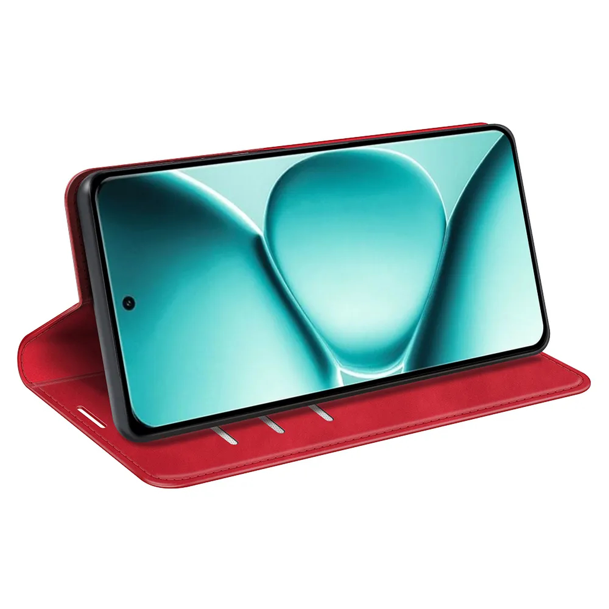 Rode smartphone flipcase staat rechtop en toont een scherm met blauwgroene golven.