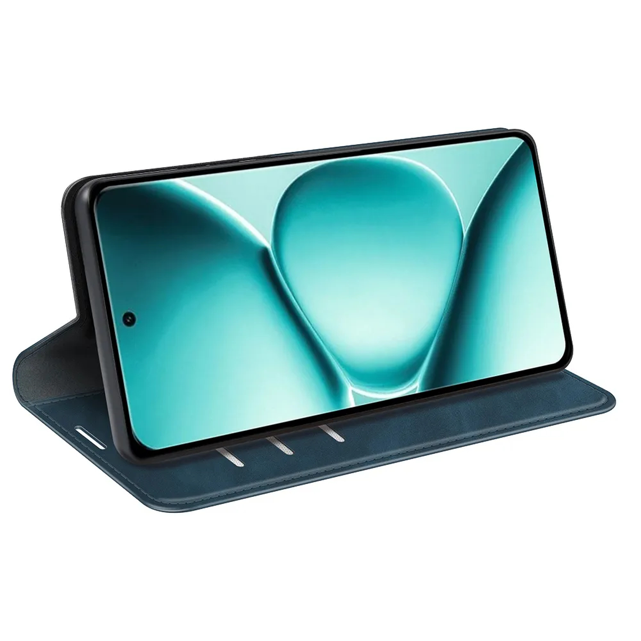 Een donkerblauwe telefoon in een hoesje met een blauw behang.
