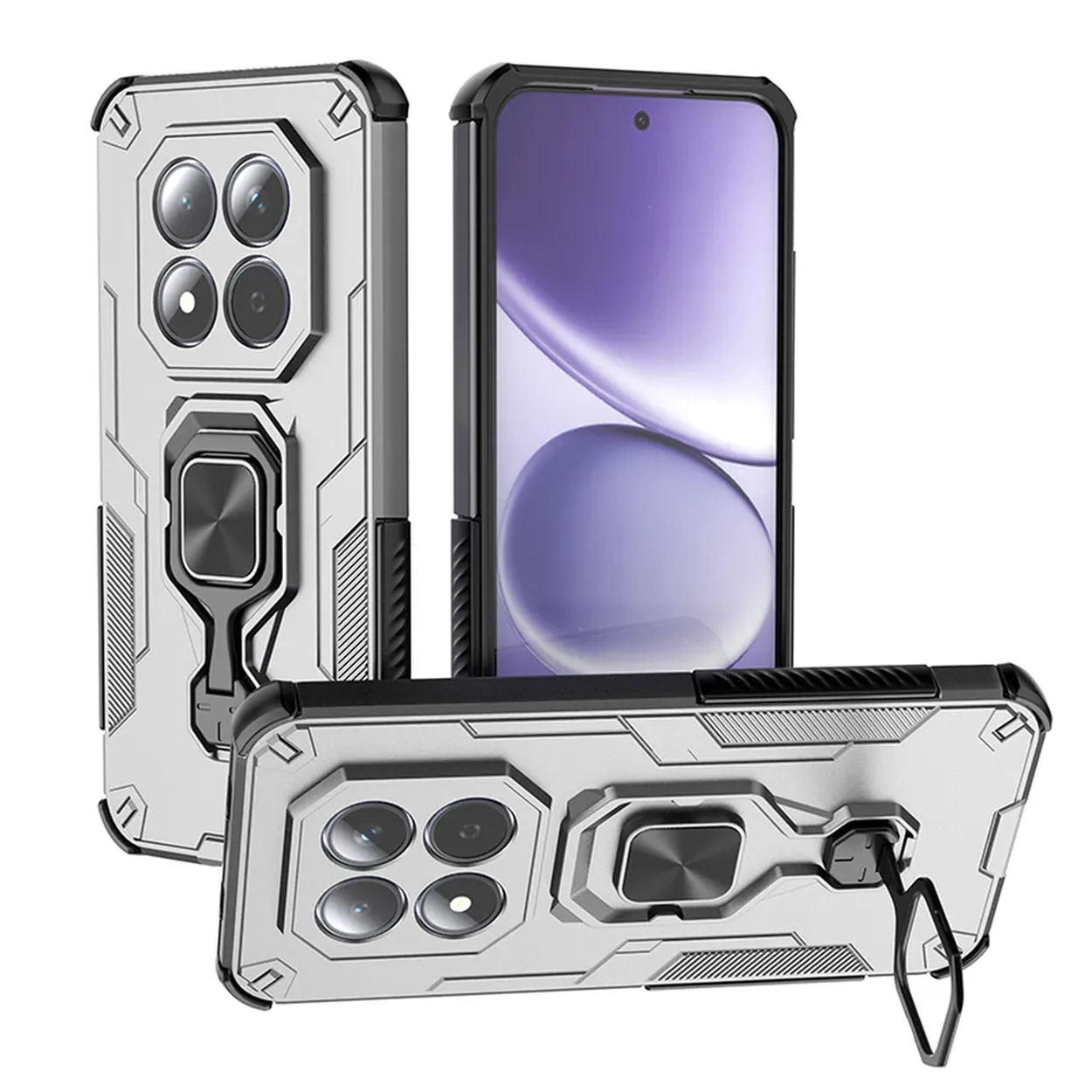 Coque de téléphone argentée avec quadruple appareil photo et support anneau.