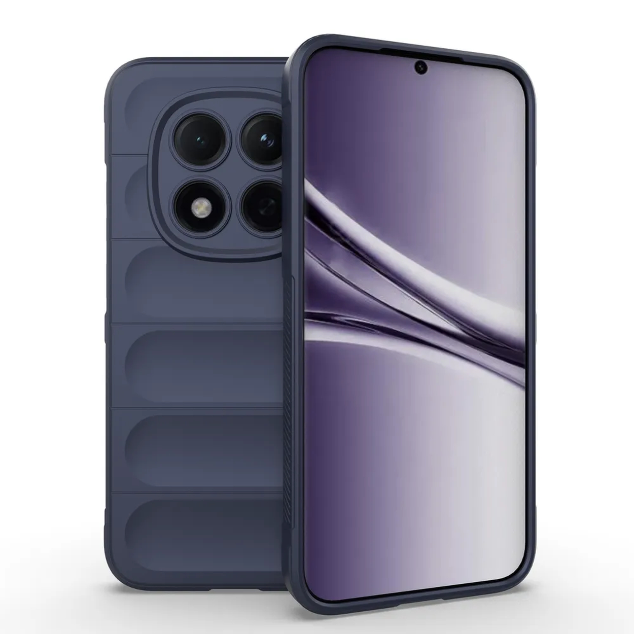 Téléphone bleu foncé avec quatre caméras et dos à motif.