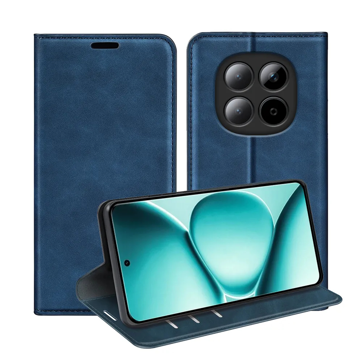 Blauw telefoonhoesje met vier camera's en een staande smartphone.