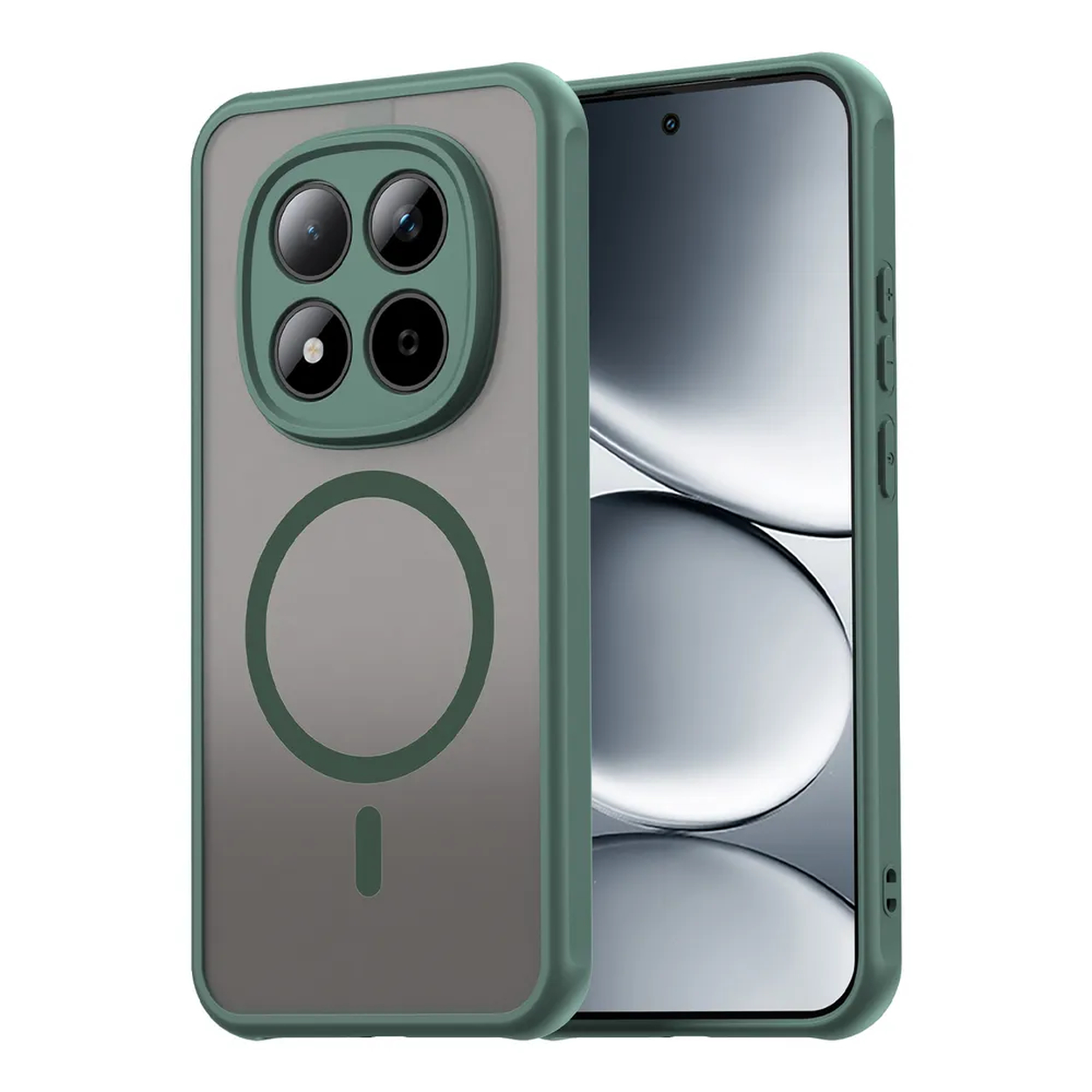 Groene telefoonhoes met vier camera's en magnetische ring.