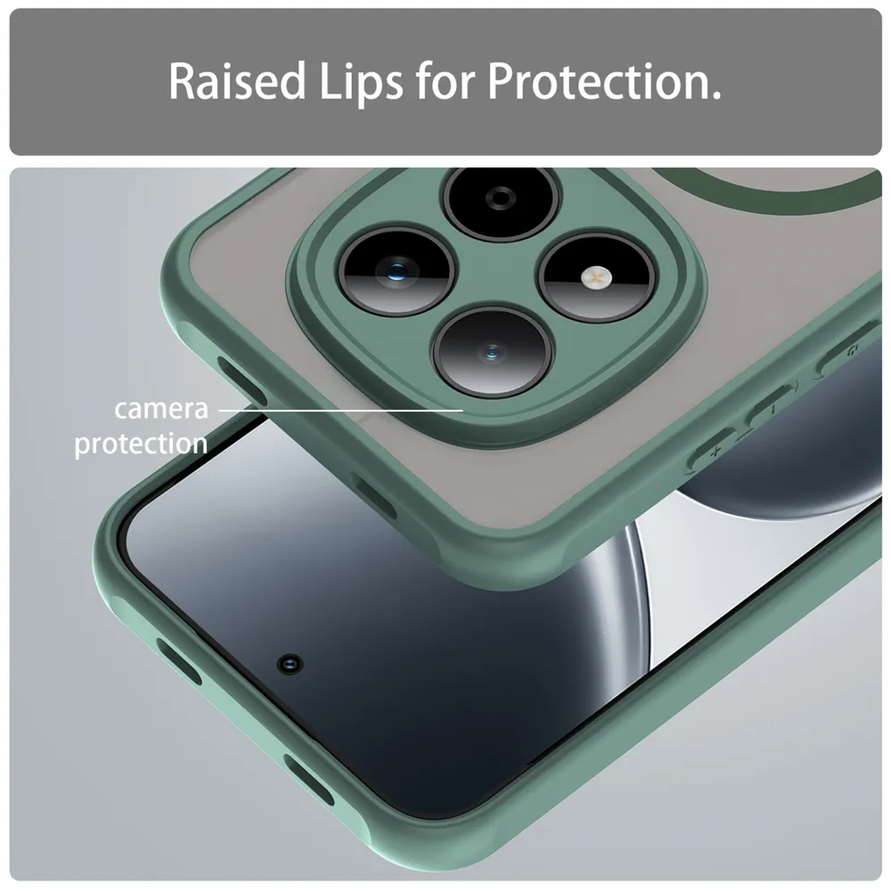 Groene telefoonhoes met camerabescherming op telefoonscherm.