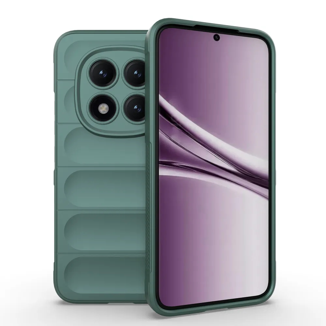 Een groene smartphone met vier camera's en een stijlvol patroon op de achterkant.