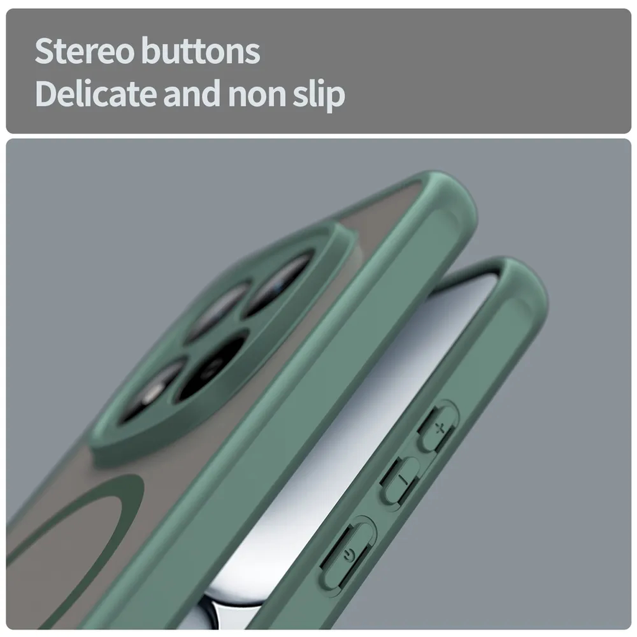 Groene telefoonhoes met stereoknoppen en cameralens.