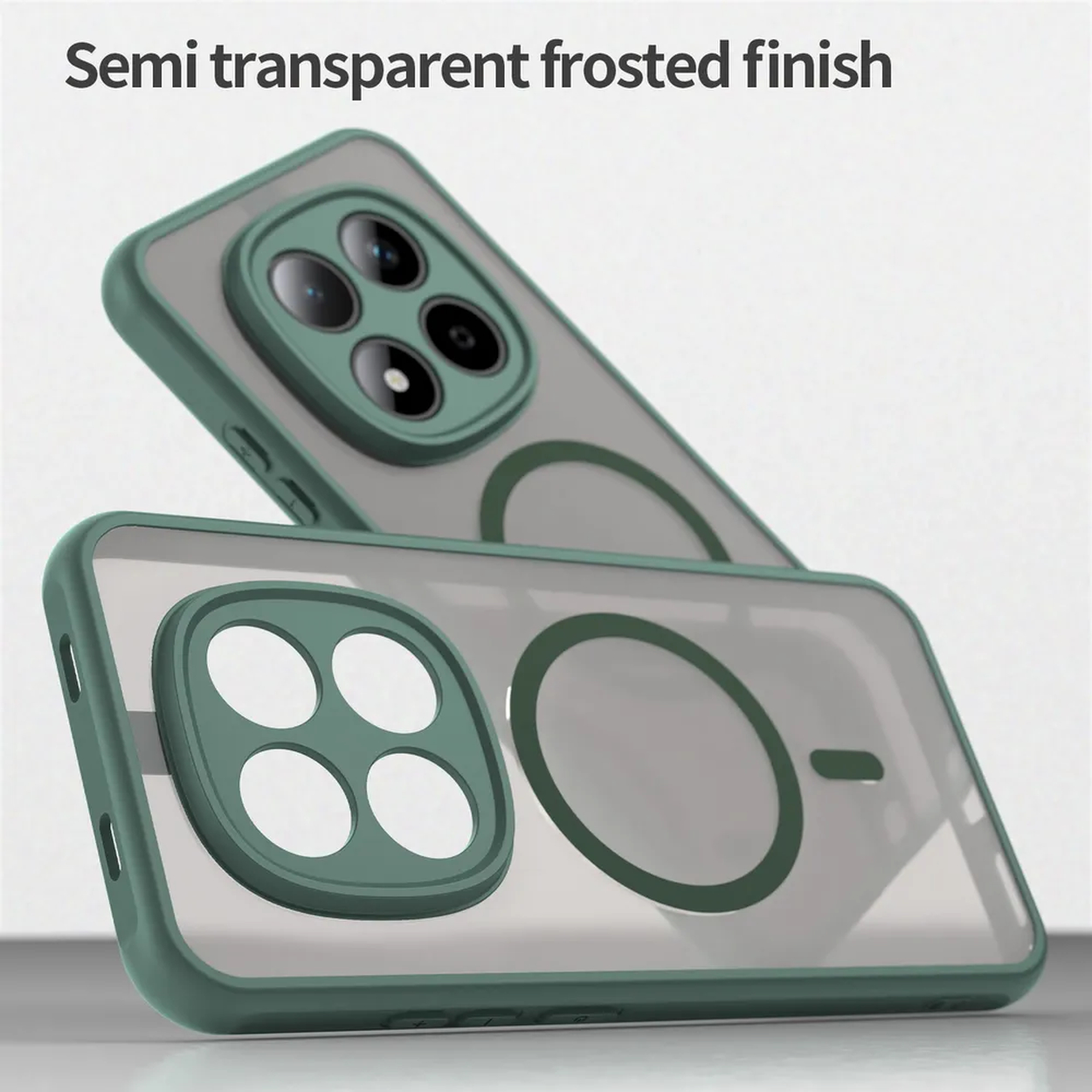 Twee groene semi-transparante telefoonhoesjes met matglas afwerking. Eén toont cameralens.