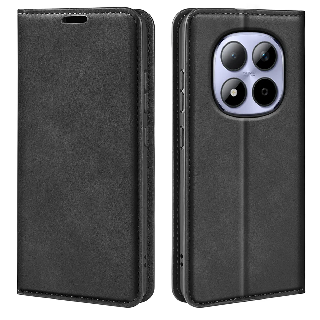 Étui de téléphone à rabat noir avec ouverture caméra et coutures.