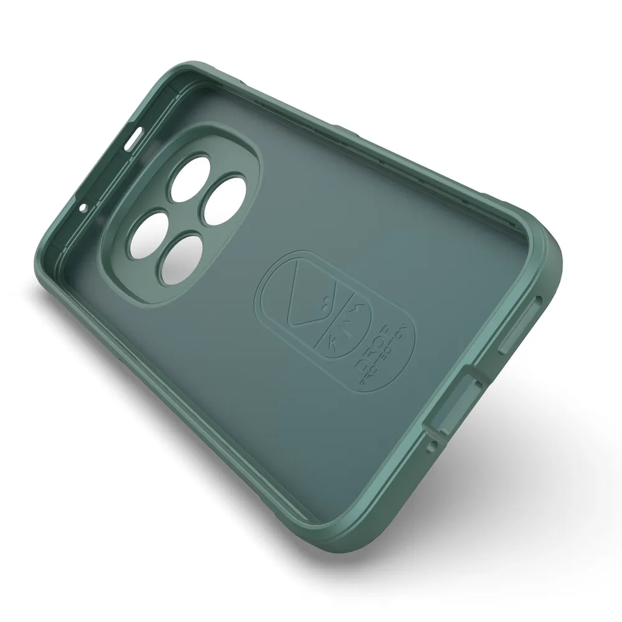 Groene telefoonhoes binnenkant met camera-uitsparingen en logo.